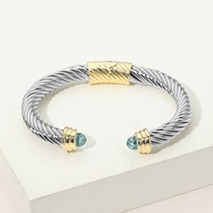 Two Tone Cable Cuff Bracelet with Blue Cabochon CZ